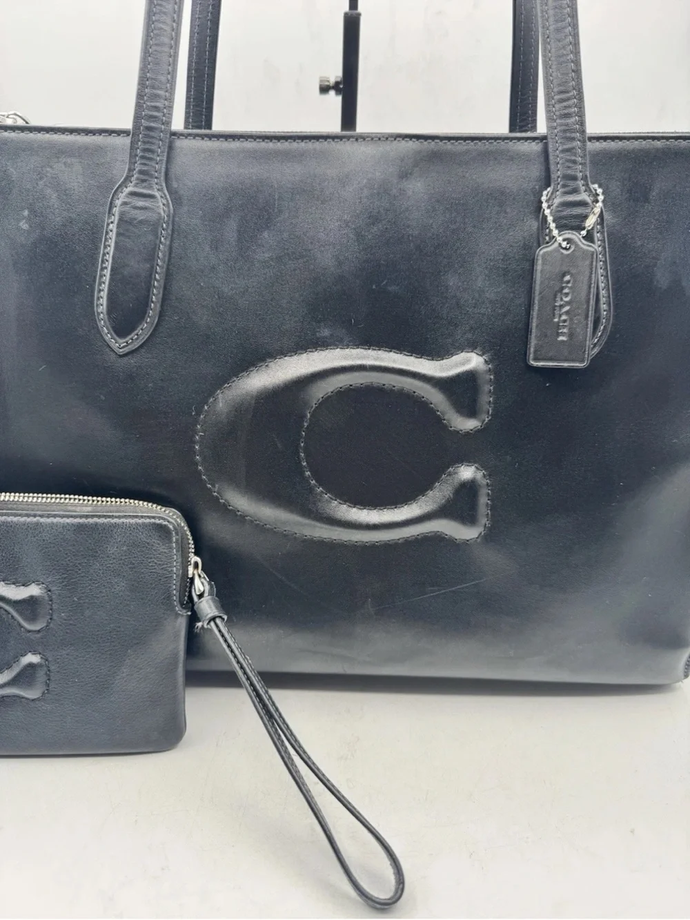 COACH Nina Leather Tote Bag Black With Wristlet Wallet CR096